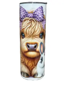 Purple Bow Highland Cow Easter - 20oz oz 20 oz. 20oz. - Skinny Straight Sublimation Tumbler - Amy's Tumbler Junkies - Your Favorite Tumbler Shop!