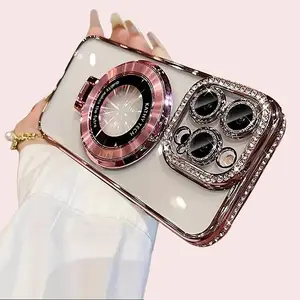 Luxury Diamond Magnetic Wireless Foldable Holder Phone Case Compatible Magsafe for iPhone17 16 - 11 Pro Max Protector Protection Flash Flip Cover