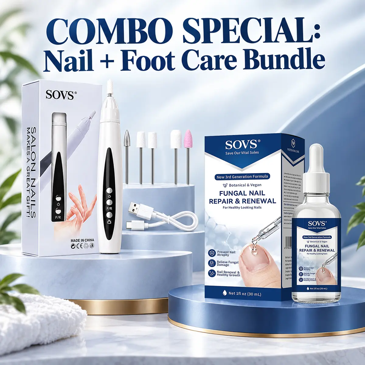 SOVS Nail Care Kit - Electric Nail Drill Machine, 5-Speed Rechargeable with LED Digital Display, Forward & Reverse Rotation, 5 Drill Bits + 30ml Cuticle Serum, Lightweight for Manicure & Pedicure