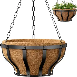 VOXOR Metal Hanging Baskets for Plants, Heavy Duty Wrought Iron Hanging Baskets with Coco Liner & Reinforced Chain, Ideal for Garden, Patio & Porch Decoration (2 Pack, 12 Inch)