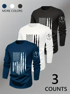 Men's Striped Long Sleeve T-Shirt Set, Round Neck Geometric Flag Pattern, Breathable Quick Dry, Athletic Style Activewear, Sporty Fitted Casual Wear, Athletic Sports Clothing