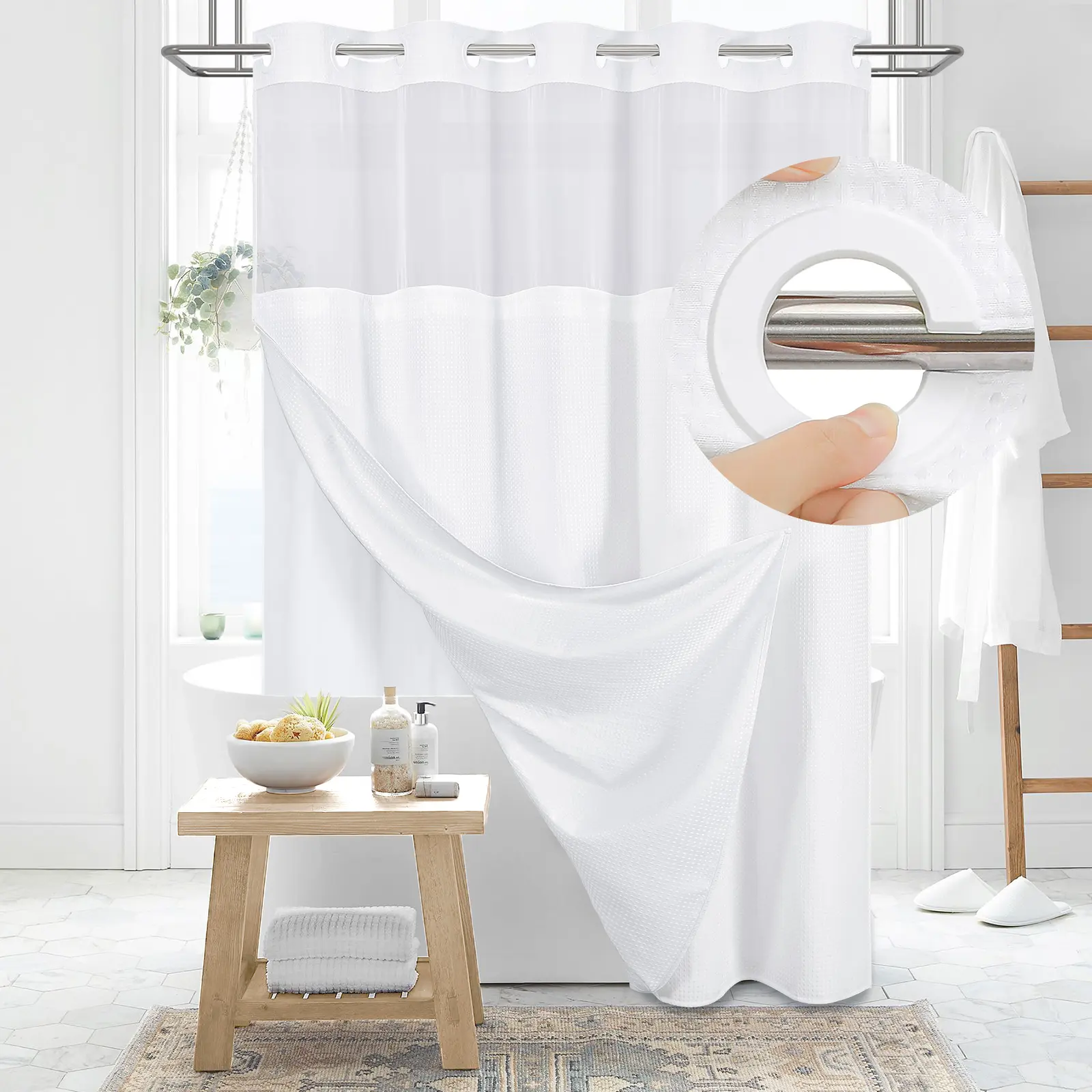 Premium No Hook Washable Waffle Weave Shower Curtain Set, Heavy Duty Double Layer with Snap-in Detachable Waterproof Liner & Mesh Window, Modern Bathroom Accessory for Hotel, Salon, Dector, Household Items, bathroom curtains, cortinas para el baño