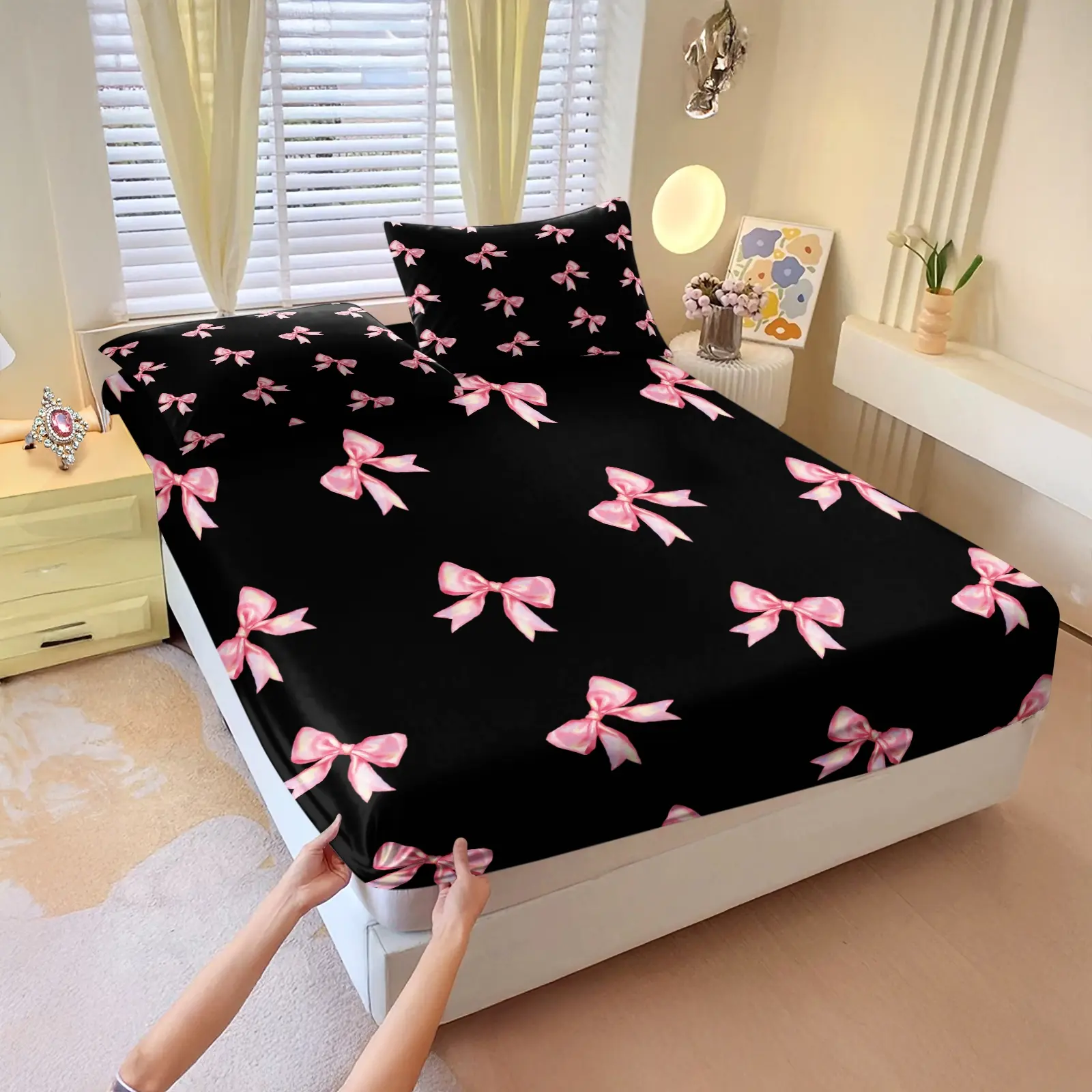 3-piece Bedding Set Features A Black Background With Pink Bow Print, Fitted Sheet, Two Unfilled Pillowcases, Color-blocked Style Creates Bedroom Décor, Perfect Gift Choice, Bed Sheets Set, Decorative Bedsheet Sets