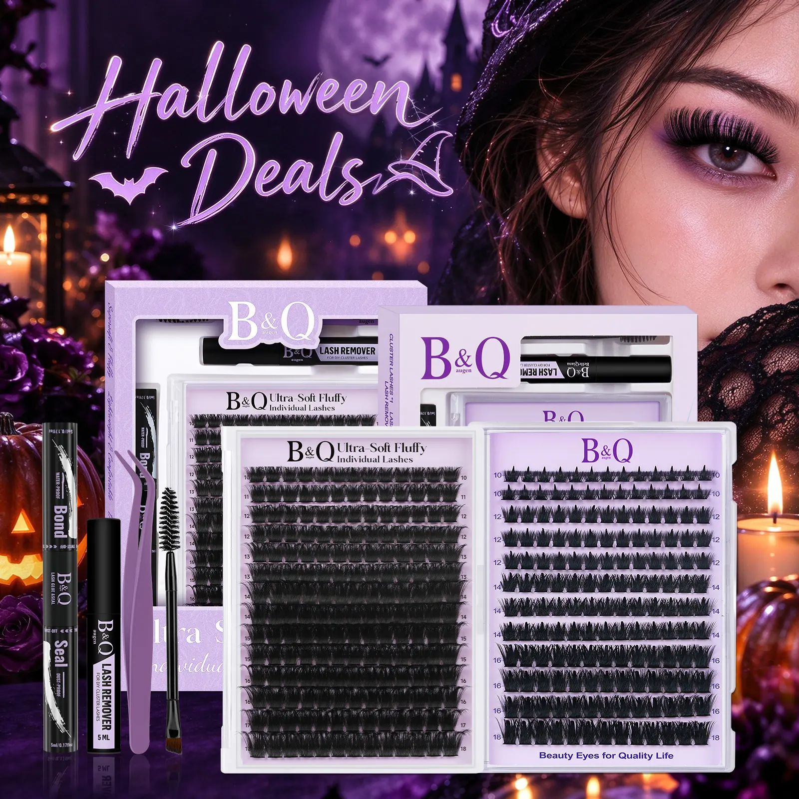 【Creator】Black Pearl 200D Kit l B&Q Dramatic Soft Mega Thick Volume Individual Clusters,D-Curl, DIY Ultra Soft Eyelashes Extension,Waterproof Sleep proof,Week Long Lasting,Salon Full Fake Lashes, Makeup Cosmetic Lash Stacking #familyfun #Halloween