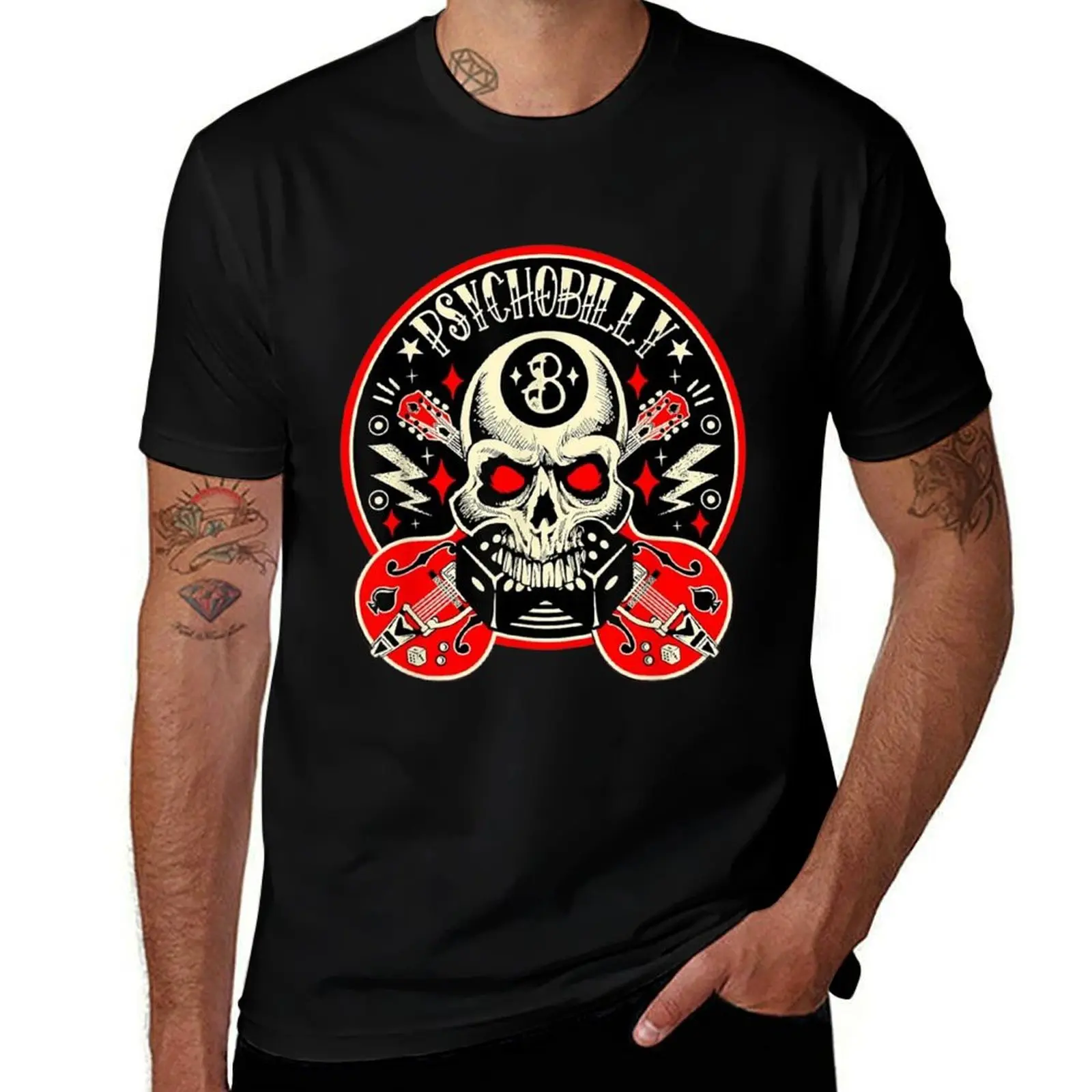 Rockabilly Skull Clothing Psychobilly Vintage Rocker Biker Mens T Shirts Cotton Short Sleeve T-Shirt Crew Neck Tees Casual Shirt
