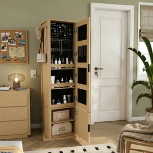 4-in-1 360° Rotating Mirror Cabinet with Jewelry Organizer Coat Rack & Makeup Shelves Walnut Wood Mid-Century Modern Style Space-Saving Bedroom Decor