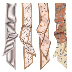 AWAYTR 4Pack Satin Head Scarf for Women Neck Hair Purse Handbag Accessories Fashion Versatile Thin Long Strip Scarf
