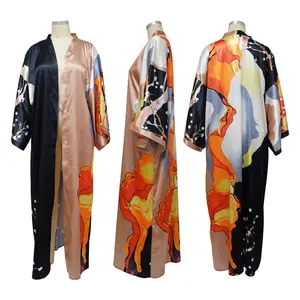 Plus Size Long Elegant Oversized Floor Length Lightweight Open Front Coverup Kimono Duster Robe, BLACK MARBLE