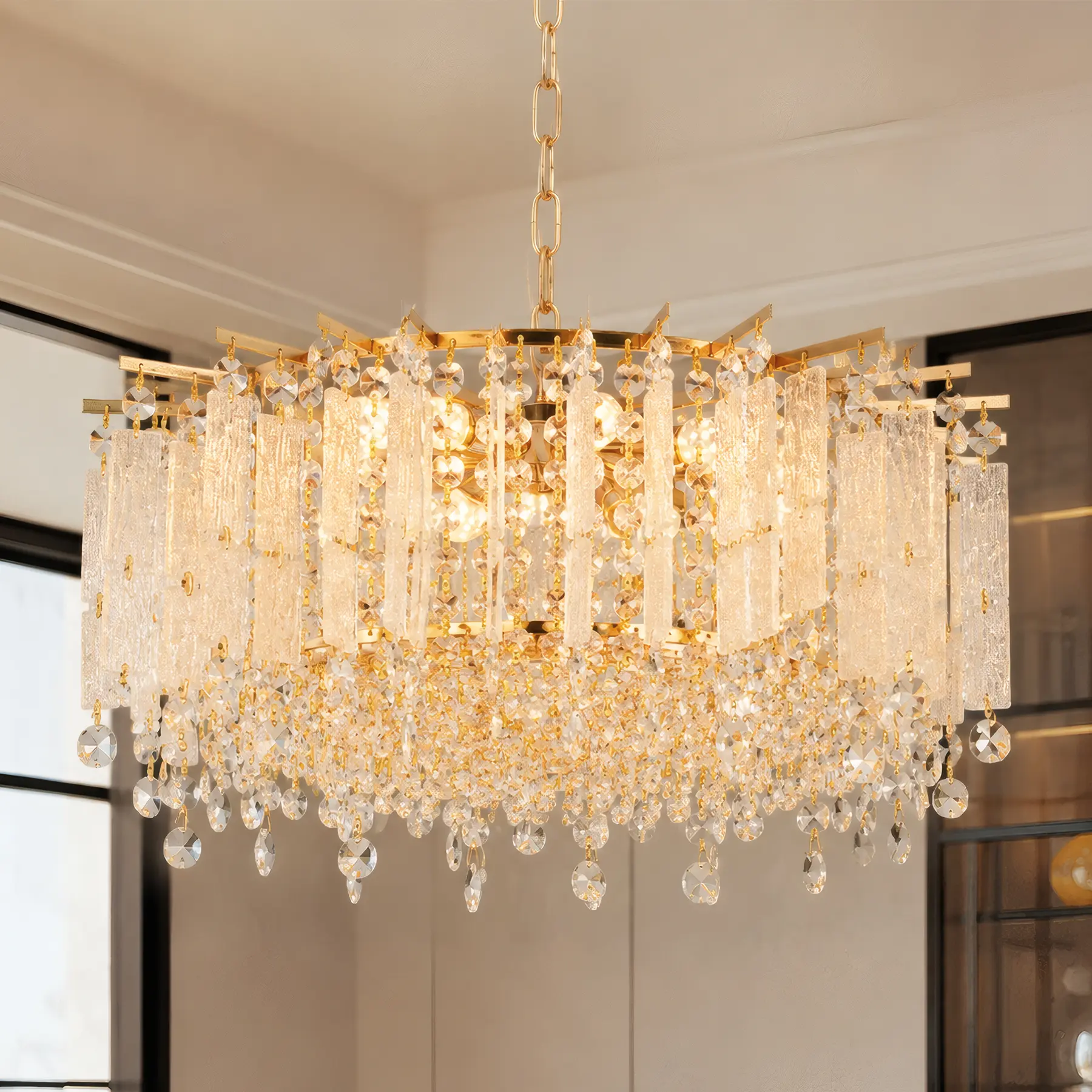 Gold Crystal Chandelier, 10-Light E12 Modern Waterfall Ceiling Light with Adjustable Chain for Dining Room Bedroom Living Room