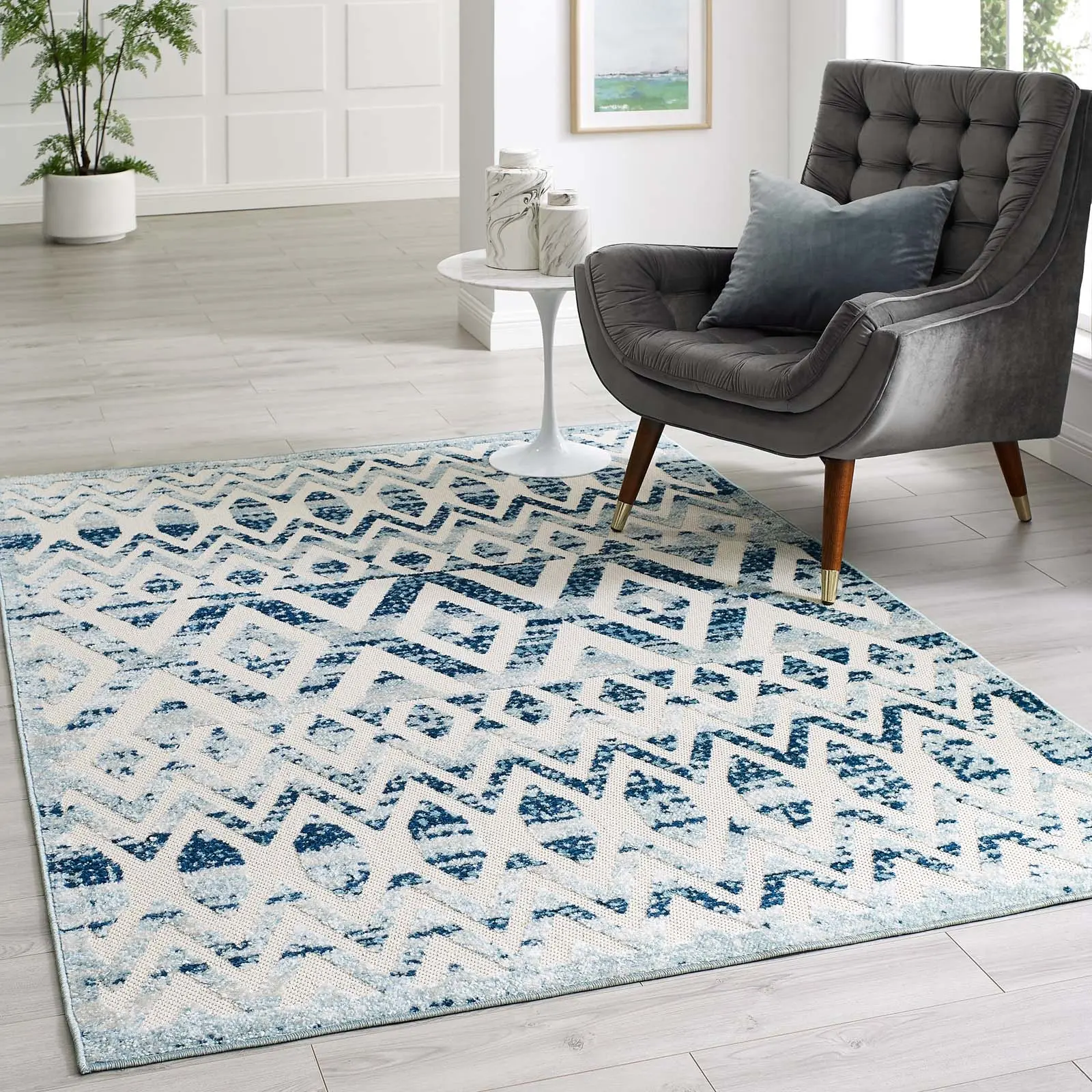 Modway Reflect Tamako Diamond and Chevron Moroccan Trellis 5x8 Indoor / Outdoor Area Rug in Ivory and Blue