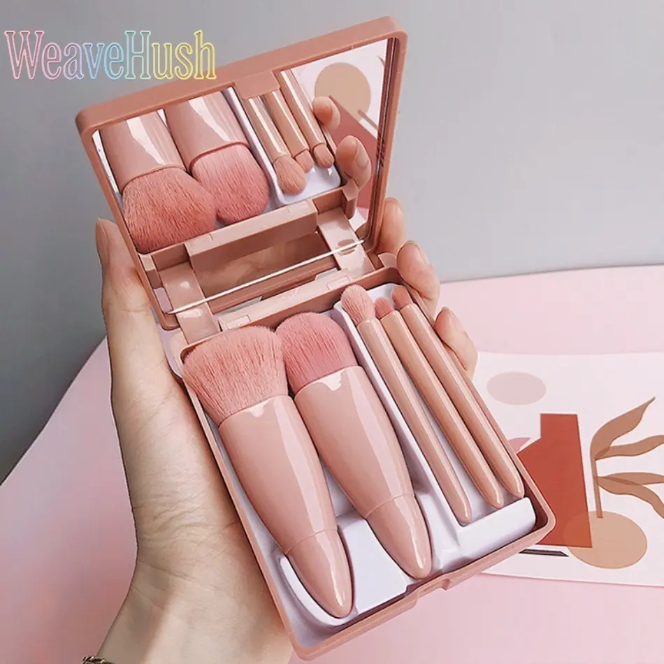 5Pcs Portable Makeup Brush Set with Mirror Box, Professional Beauty Tools Including Blush Brush, Loose Powder Brush, Foundation Brush and Eyeshadow Brush