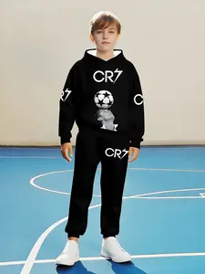 Boys Cr7 Pattern Hoodie Set, Children, Sweatshirts, Sweatpants, Casual Fitted Design, Soft Comfortable Fabric, Ideal for Outdoor Activities, Spring & Fall Style