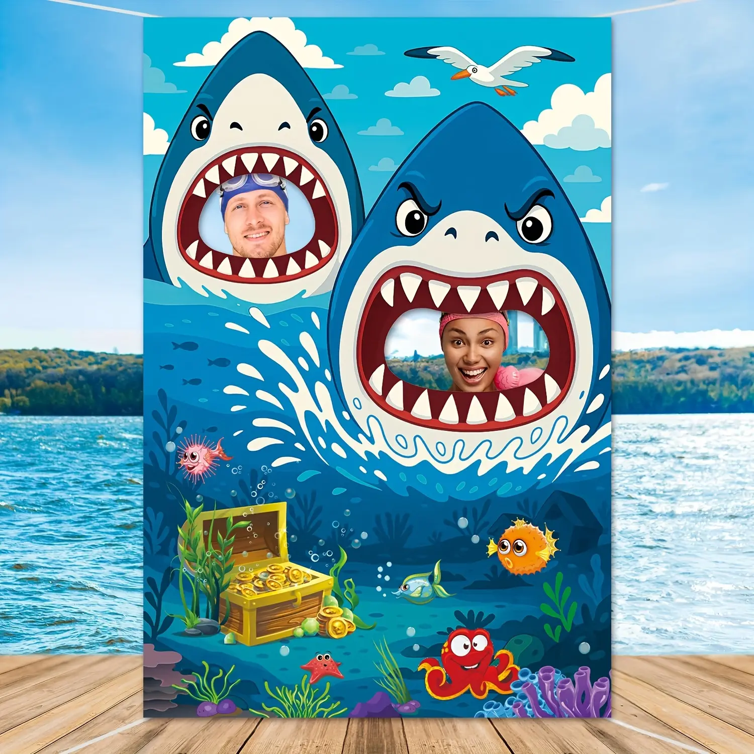 Shark Party Decoration Set, Giant Polyester Shark Photo Booth Background, Fun Shark Themed Birthday Party Supplies, Photo Backdrops, Banners for Summer Photography and Undersea World Decor
