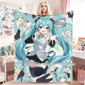 Hatsune Miku Theme Flannel Blanket, Soft Fluffy Breathable Warm Fleece Throw for Adults Kids, Multi-Use Bedroom Home Sofa Cover, Anime Fan Gift, Summer Vibes