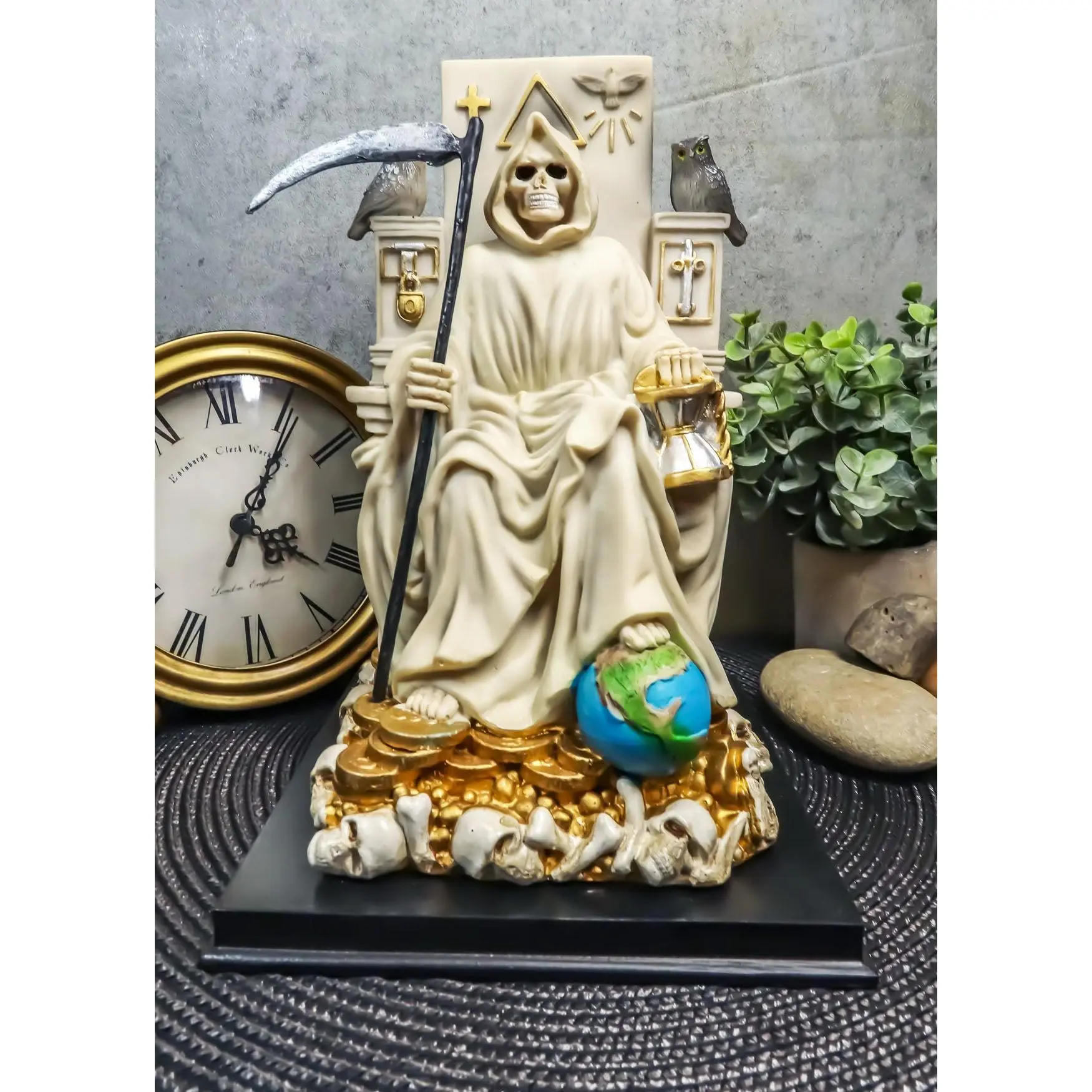 Religious Santa Muerte Statue - Ebros Exclusive, 10.5"H Hand Painted Composite Resin Holy Figure, Seated On Throne With Scythe, White Robe Home Decor Figurine For Believers