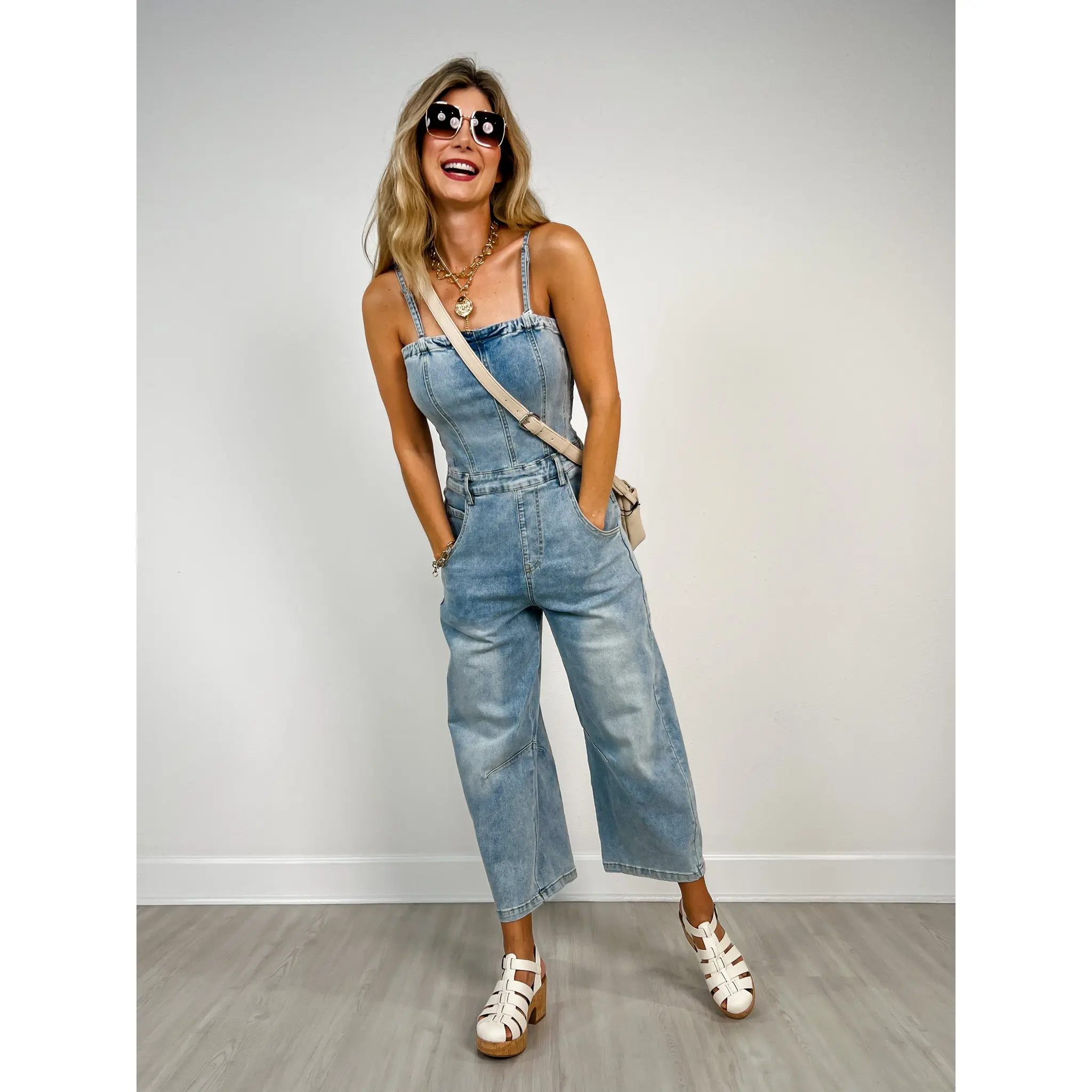 Washed Denim Sleeveless Strap Tube Top Jumpsuit