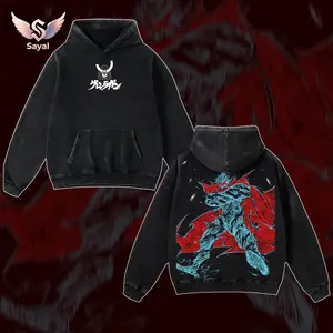 Tengen Toppa V2 Gurren Lagann “Spiral Overdrive Protocol” Oversized Hoodie – Acid Washed Lightweight Cotton, Crimson Skull Crest Front & Kamina Requiem Back Graphic, Retro Mecha Streetwear for Lorecore Fans & Dai-Gurren Believers
