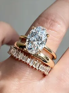 3-Piece Set Shiny Oval Geometric Four Claw Zircon Ring for Women, Stackable Elegant Party Anniversary Gift Jewelry Set