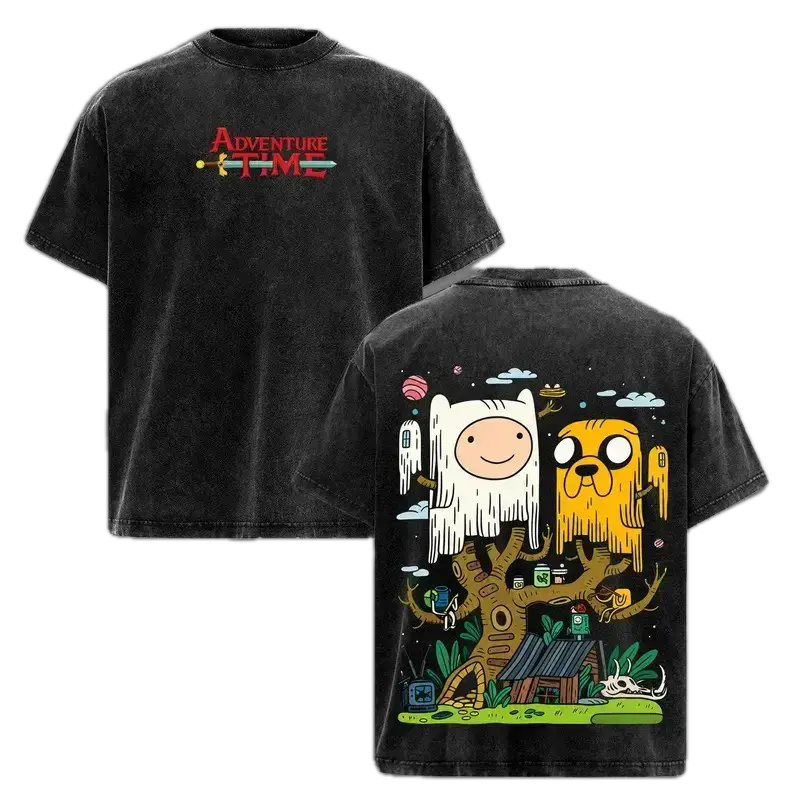 Menswear Unisex Oversized Vintage Washed Heavyweight Cotton Short-Sleeve Top, Adventure Time Finn & Jake Double-Printed Cartoon Graphic Streetwear T-Shirt, Fantasy Fan Gift Crewneck Tshirt Menswear Top