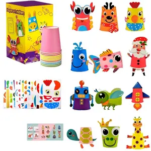 Handmade DIY Paper Cup Art Kit, 12 Cute Cartoon Animal Shapes, Colorful Paper Cups Stickers for Preschool Creativity, Imagination Development, Crafts Cup Stickers, Creative Craft Kit