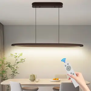 Modern black walnut linear LED pendant light with dimmable remote control, long acrylic strip hanging light, adjustable height; minimalist kitchen island chandelier for dining room, home, restaurant, and office decor