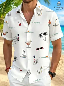Men's Summer Beach Shirt, Collared, Tropical Palm Tree Print, Short Sleeve, Fitted, Long Length, Casual Multi-Scene Top, Trendy Vacation Style