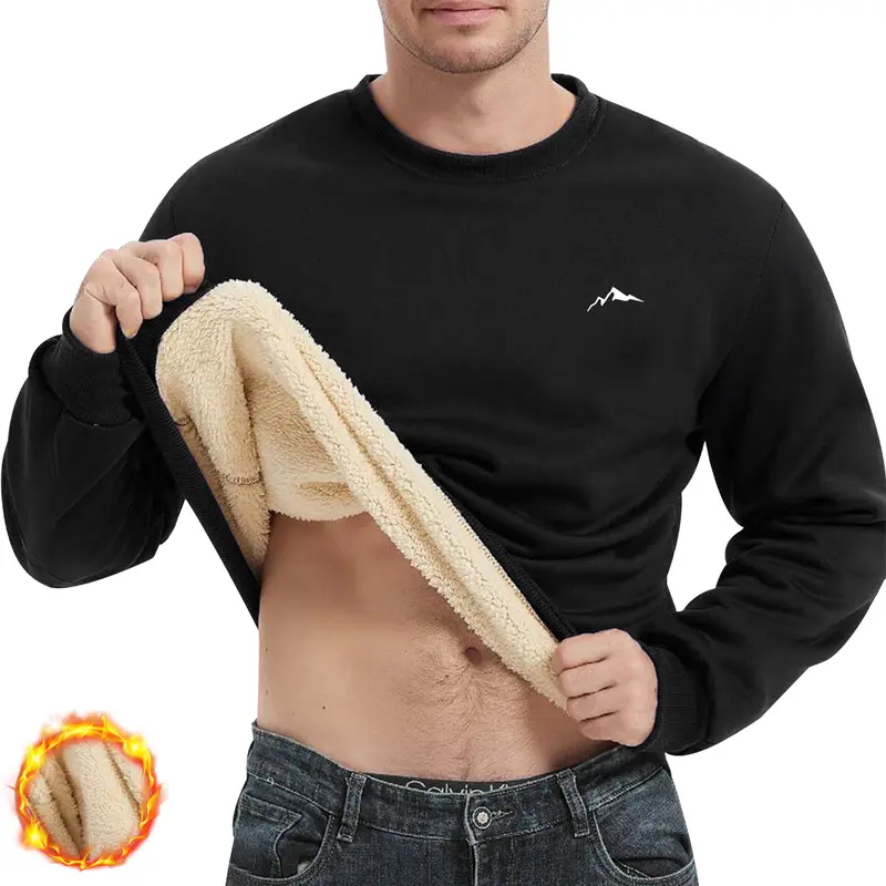 Men's Extra-Thick Fleece-Lined Plain Round Neck Long Sleeve Fitted Casual Pullover Sweatshirt - S, Heavyweight Cozy Autumn Winter Basics Male Clothing
