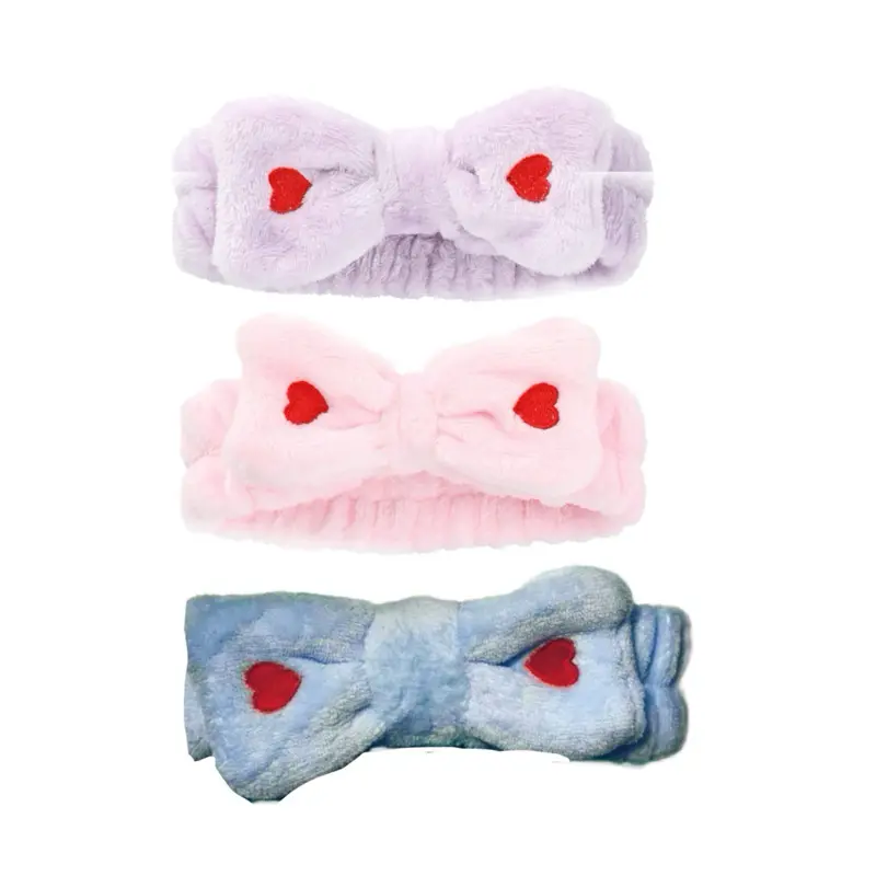 Super Soft Spa Headbands for Makeup Bath with Heart Bow Design in Purple Pink and Blue Colors
