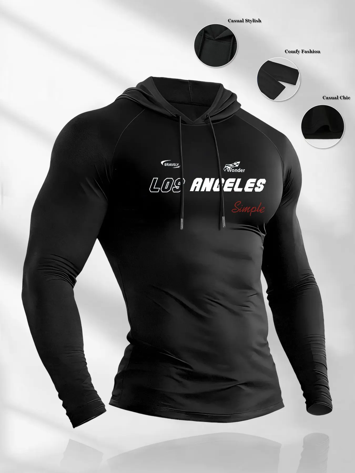 Men's Simple English Letter Print Hooded Long Sleeve T-Shirt, Casual Sporty Top, Comfortable Elastic Fabric, Outdoor Fitness Sportswear