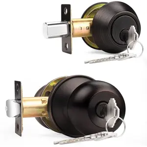 Door Knob with Single Cylinder Deadbolt Set Oil Rubbed Bronze Entry Door Lock with Key, Contemporary Front Door Entrance Lockset Handleset Gate Hardware