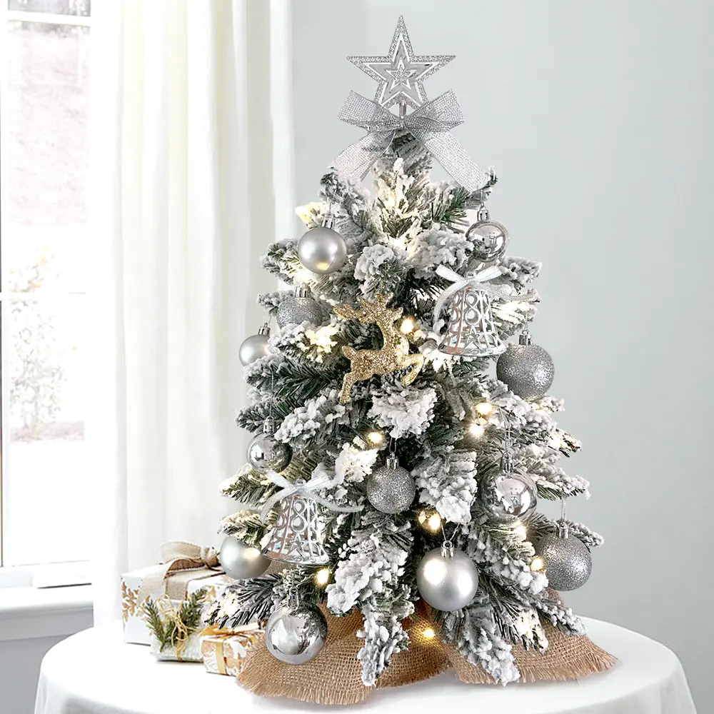 22in Ultra Compact Synthetic Mini Christmas Tree - Built-in Warm Lights, Flocked Snow, Exquisite Silver Ornaments - Indoor Tabletop Lightweight Artificial Holiday Decoration for Home Office