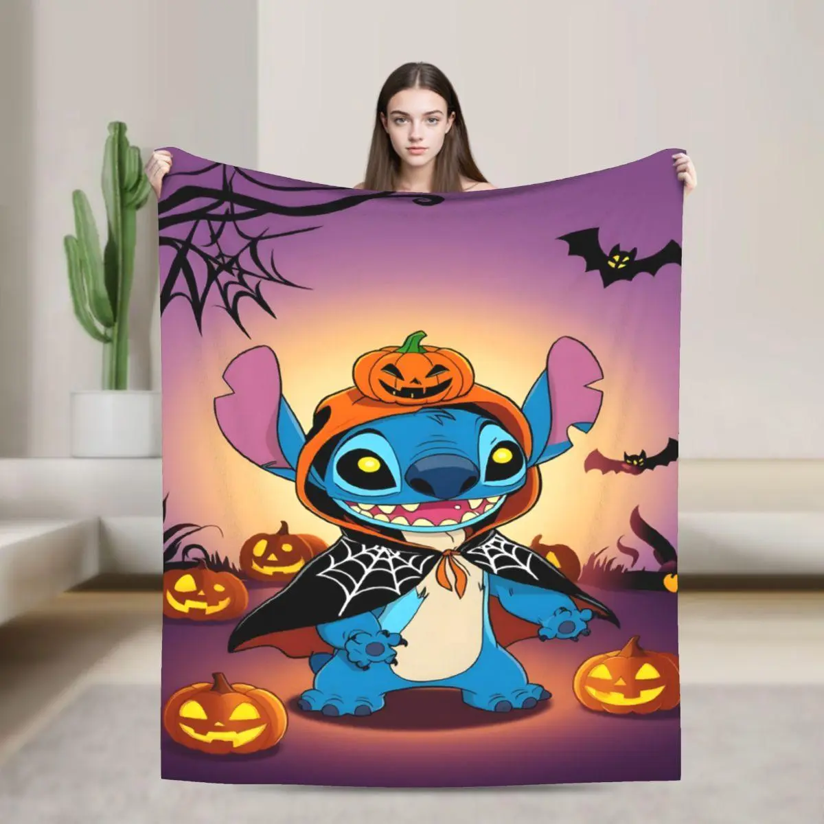 [SummerVibes] DISNEY CLASSIC Halloween Stitch Flannel Blanket - Soft, Warm, Bat, Pumpkin Cartoon Design, Sofa, Bed, Office, Blanket for Couch