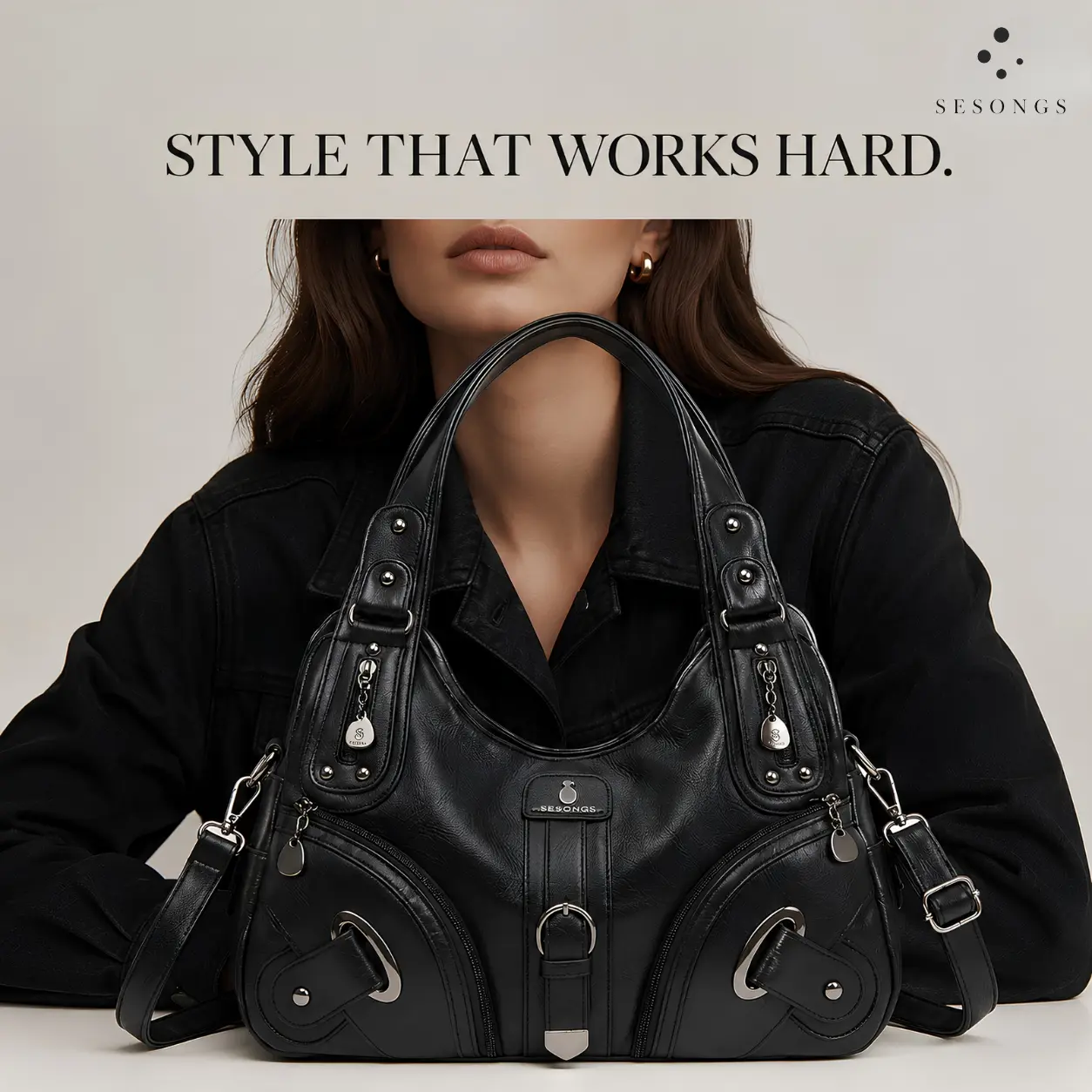 Women's SESONGS Oversized Black Hobo Handbag - Casual Wear, Plain, Edgy Chic, Soft Silhouette, Large Capacity, Zip Closure, Detachable Strap, Long Shoulder Style