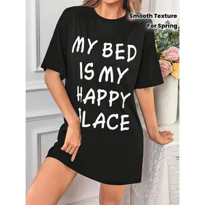 Women's "My Bed is My Happy Place" - Crew Neck Short Sleeve Stretchy Polyester Spring Style White Black Lettering Comfy Nightwear    Casual Short-Sleeve Top