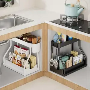 Under Sink Pull Out Storage Shelf Multi-Tier Cabinet Organizer for Kitchen Bathroom Pantry with Smooth Sliding Rails & 4 Hooks for Cleaning Supplies & Kitchen Utensils