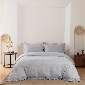 French Ruffled Duvet Cover Set - Soft Washed Cotton Aesthetic Bedding with Ruffle Trim, Cottagecore Shabby Chic Quilt Cover with Pillow Shams (Queen/King)