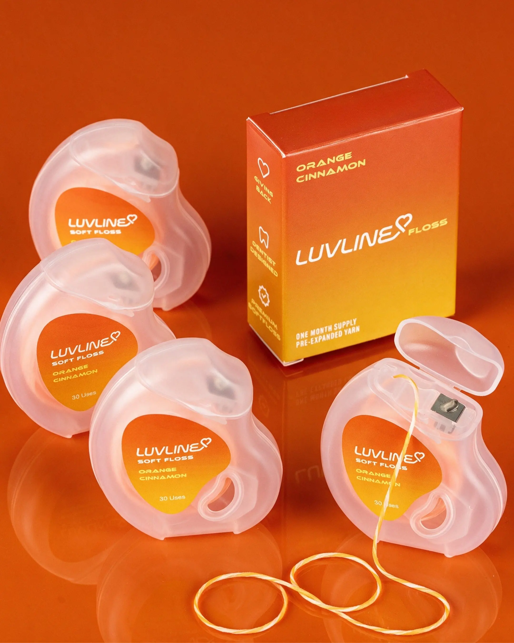 LUVLINE Orange Cinnamon 4-Piece Set — 4pc Pre-Expanded Dental Floss with Vitamin E, Dentist-Designed Oral Care to Fight Cavities — 4 Softfloss Spools (1 month supply each)