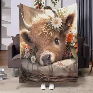 1pc Floral Highland Cow Print Flannel Blanket Christmas gift for girls- Ultra-Soft, Lightweight Durable, Perfect for Sofa, Bed, Travel & Camping | Contemporary Style, Machine Washable, Ideal Gift, All-Season Use, Cozy Home Accessory