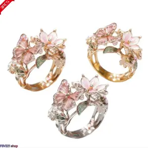 3-Pcs Adjustable Open Unit Set Rings - Sakura Flower Cluster, Metal Butterfly Enamel Motifs, 2-Tone Gold-Coated Silver-Plated Elegant Costume Finger Jewelry, Flower Cluster Rings
