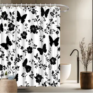 1pcs Animal Theme Bath Curtain-2D Flat Black Butterfly Floral Pattern Print Bath Curtain Home Window Curtains Bathroom Decor Bathtub Decor 70.8x70.8 inches