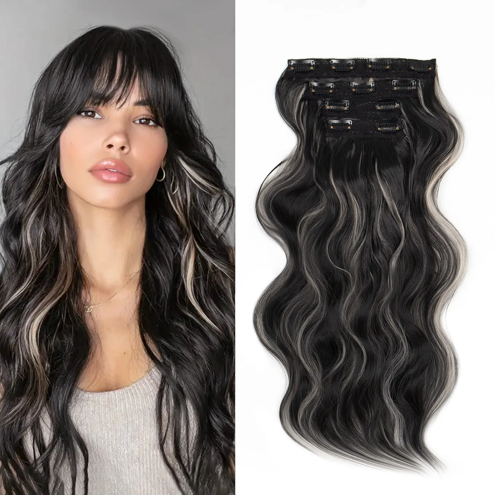 【QBEAUTY FallFreshness Collection】Invisible Clip- in Synthetic Hair Extensions Thick Natural Hairpieces Double Weft 4/3/2 Secure Clips Long Wavy Secre