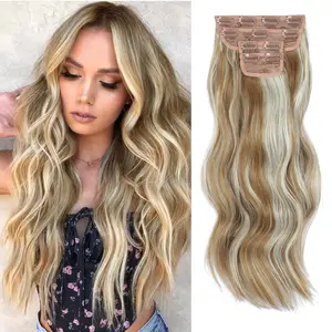 [Vigorous] Blonde mix Platinum Blonde Clip in Hair Extensions Long Wavy Synthetic Hairpieces for Women and Girls, Easy to Install for Daily Use and Event Party Use