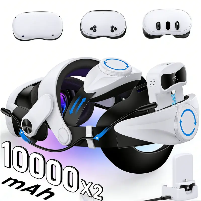 10000mAh Hot-Swappable Battery Strap for Meta Quest Series (3S/3/Oculus Quest 2), Virtual Reality Headset Accessory with USB Cable, Multi-Point Adjustable Durable Design, Cotton Pads, Enhanced Support Pad, 3-5H Extended Play for Kids Training