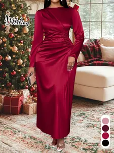 Plus-size Christmas Women's Vlothing Women's Elegant Plain Satin Dress, Round Neck Long Sleeve Bodycon High Waist Maxi Gown, Fall Fashion Plus Size Evening Wear