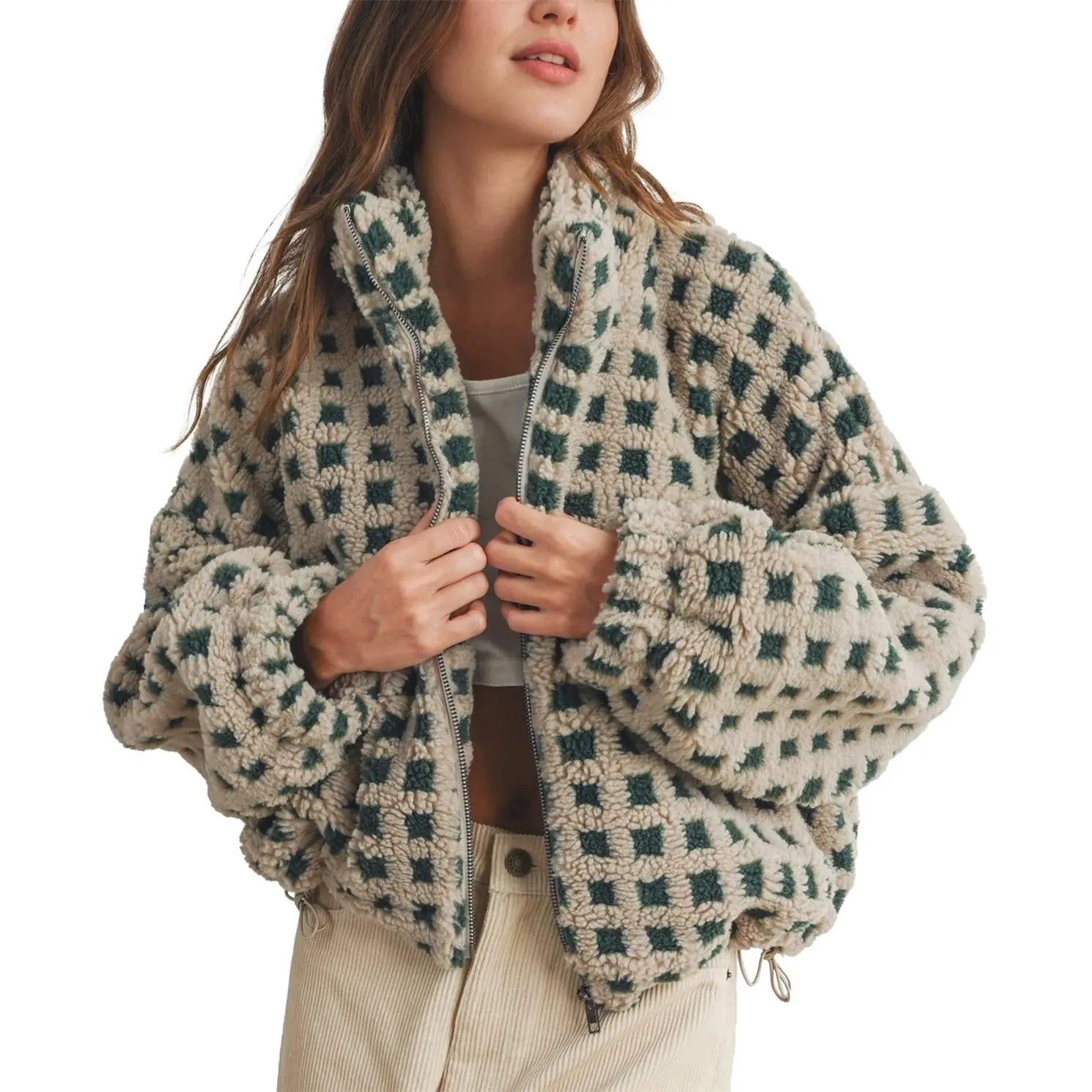 MaLinfandor Womens Checkered Sherpa Jacket Cropped Long Sleeve Plaid Fleece Coats Casual Zip Up Gingham Outwear with Pockets