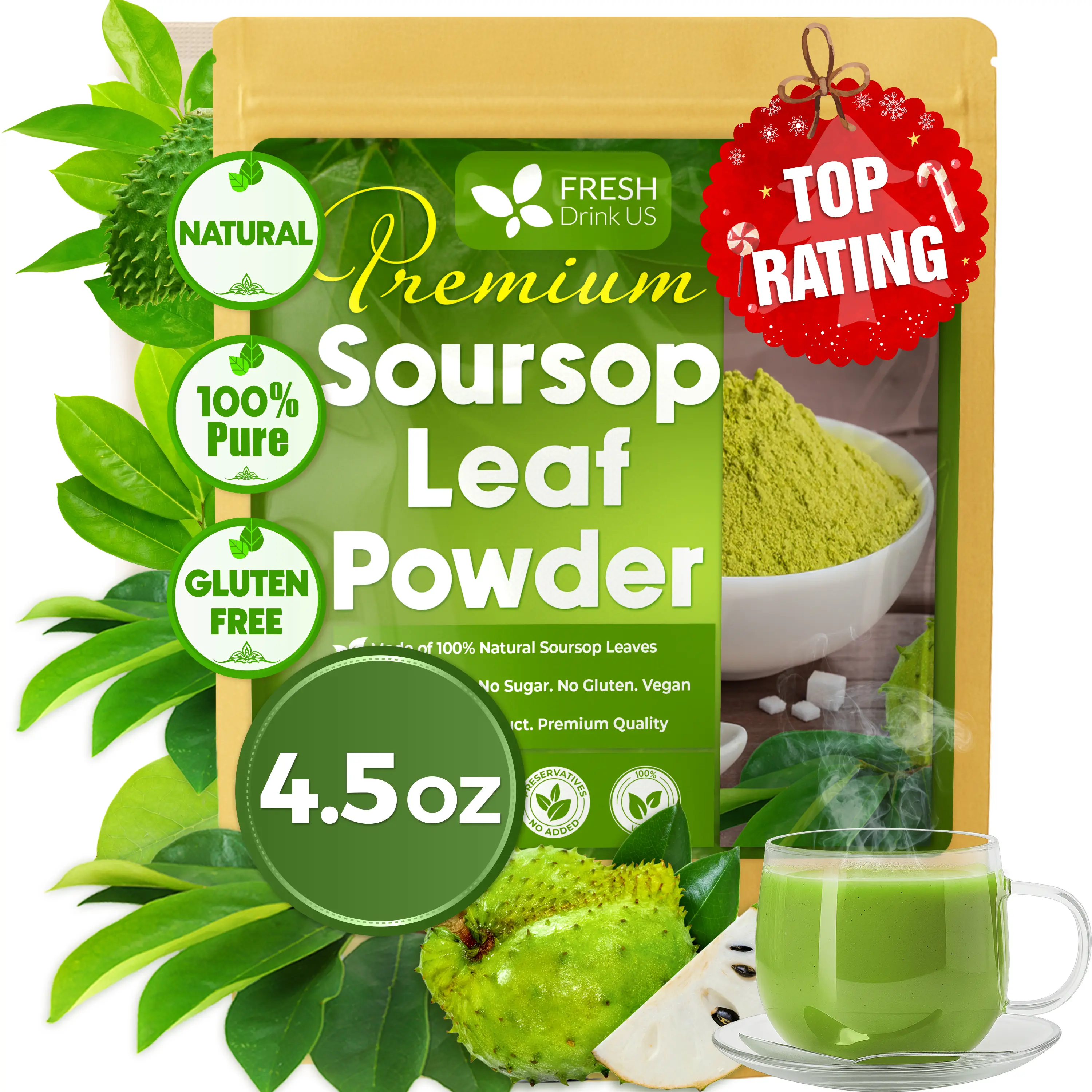 Premium 4.5oz Soursop Leaf Powder, 100% Natural and Pure from Soursop Graviola Leaves, Soursop Leaf Tea, No Additives, No Gluten, No Sugar, Vegan Mixed Beverage