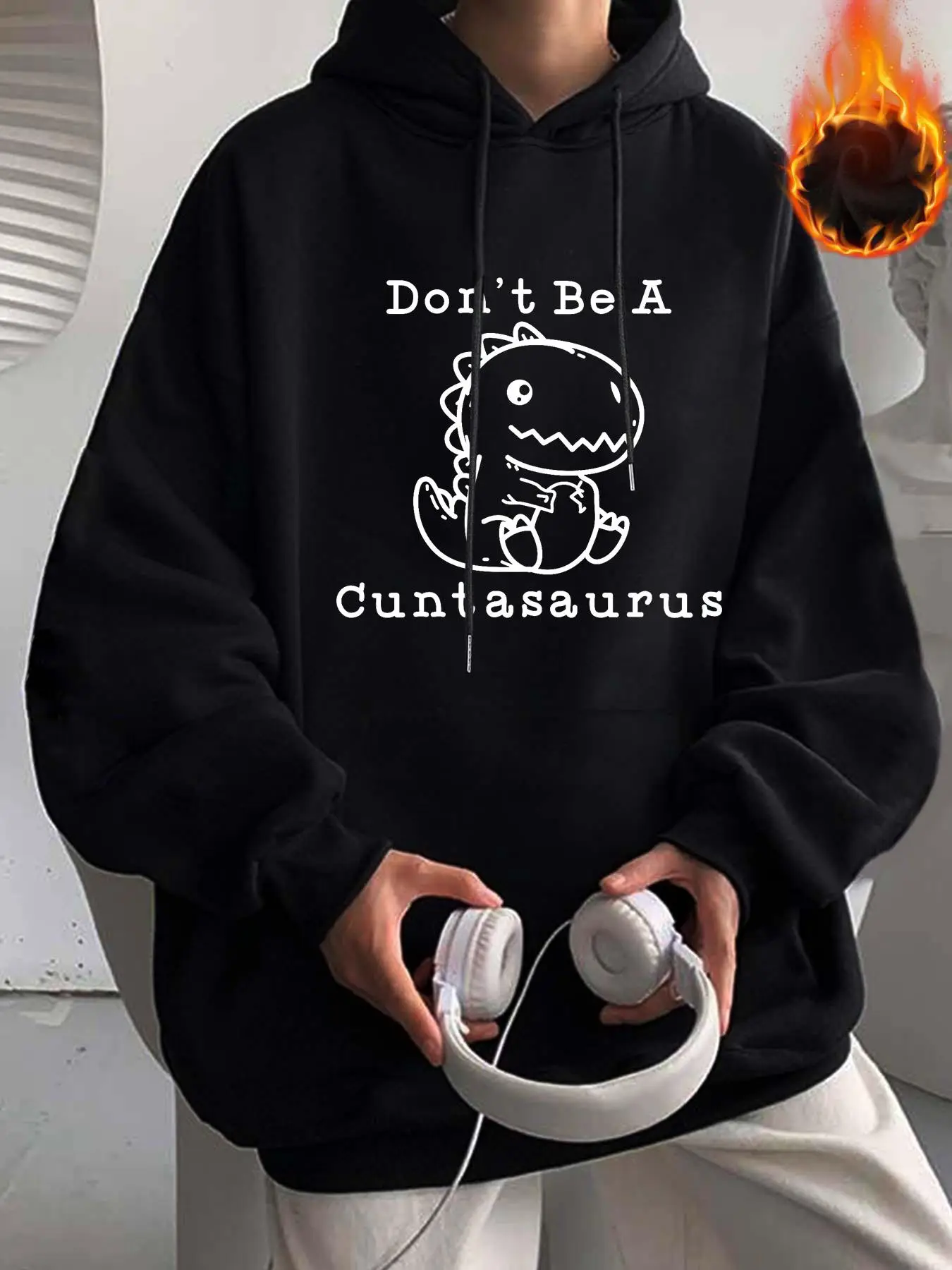 Unisex Men's Cartoon Dinosaur Print Hoodie, 2000s Clothes, Loose Drawstring Pocket Hooded Sweatshirt for Streetwear, Size Runs Small, Back to School O