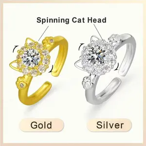 Cute Cat Head Design Spinning Cuff Ring in Gold & Silver Fashion All-Match Accessories Sparking Charm for Style Fortune Prosperity Zircon Jewelry