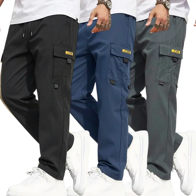 3-pack men’s cargo pants, 100% polyester; multiple combinations available; elastic waistband with drawstring; multi-pocket casual long pants; American street style cuffed cargo pants; loose, versatile casual long pants