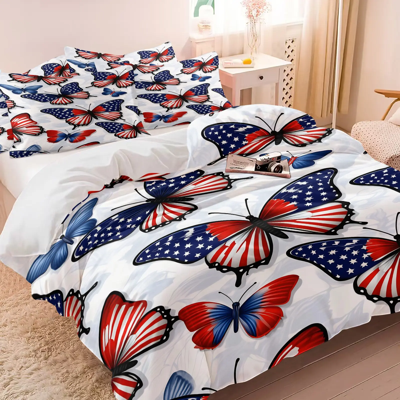 2/3Pcs Patriotic American Flag Butterfly Duvet Cover Set, American Flag Element Splicing Pattern, Soft Microfiber USA Bedding Set with Pillowcases, No Filler, For Bedroom, University Dormitory, Apartment Decor, Great Gift for Patriotic Lovers